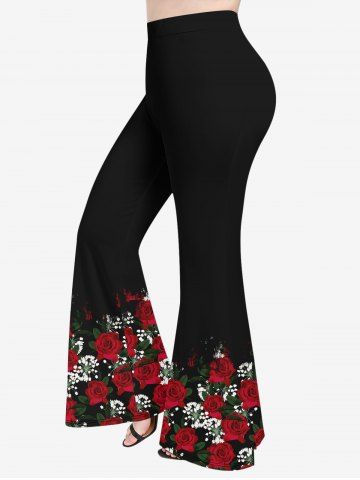 Plus Size Rose Flowers Leaf Print Flare Pants - RED - XS