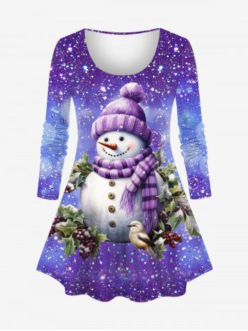 Plus Size Christmas Snowman Snowflake Galaxy Star Glitter Sparkling Sequin 3D Print T-shirt - PURPLE - S