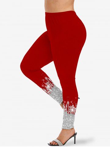 Plus Size Christmas Snowflake Colorblock Paint Drop Blobs Sparkling Sequin Glitter 3D Print Leggings - RED - XS