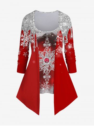 Plus Size Christmas Snowflake Star Paint Drop Blobs Glitter Sparkling Sequin 3D Print 2 In 1 T-shirt - RED - XS