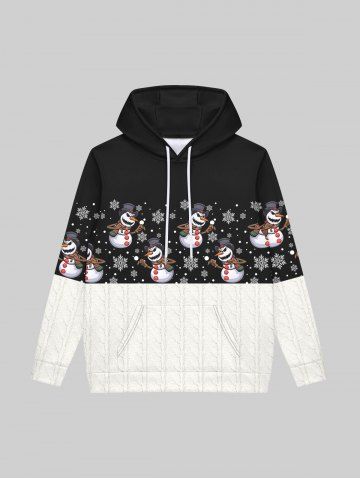 Gothic Christmas Colorblock Snowman Sowflake Cable Knit 3D Print Pockets Drawstring Hoodie For Men - BLACK - L