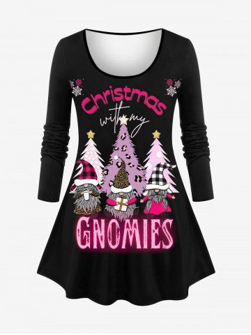 Plus Size Plaid Christmas Hat Tree Santa Claus Snowflake Letters Stars Print Long Sleeves T-shirt - BLACK - M