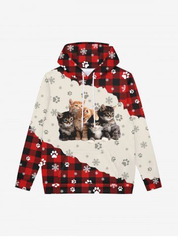 Gothic Christmas Cat Claw Snowflake Plaid Checkered Colorblock Print Fleece Lining Drawstring Hoodie For Men