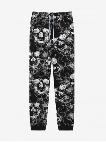 Pantalon de Survêtement avec Cordon de Serrage à Imprimé Crânes et Fleurs Style Gothique pour Hommes - BLACK - XXS