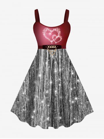 Plus Size Heart Glitter Sparkling Sequin Chains Belt 3D Print Tank Party Dress - SILVER - L