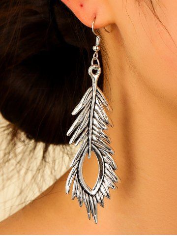 Vintage Peacock Feather Shape Drop Earrings - SILVER