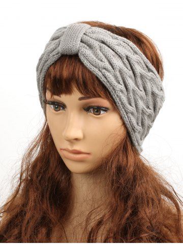 Fashion Bowknot Fleece Lining Cable Knit Solid Ear Warmer Headband - LIGHT GRAY