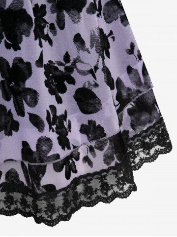 Plus Size Floral Flocking Mesh Trim Chain Ruched Layered Long Sleeves Patchwork Top