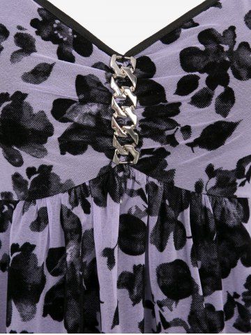 Plus Size Floral Flocking Mesh Trim Chain Ruched Layered Long Sleeves Patchwork Top