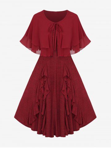 Plus Size Ruffles Lettuce Trim Ruched Marled Tank Dress With Tie Layered Chiffon Cape - DEEP RED - L | US 12