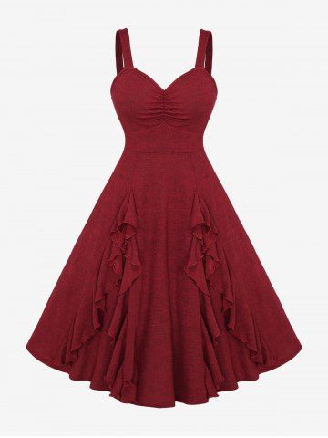 Plus Size Ruffles Lettuce Trim Ruched Marled Tank Dress With Tie Layered Chiffon Cape