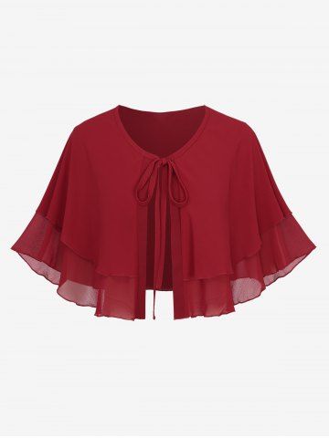 Plus Size Ruffles Lettuce Trim Ruched Marled Tank Dress With Tie Layered Chiffon Cape