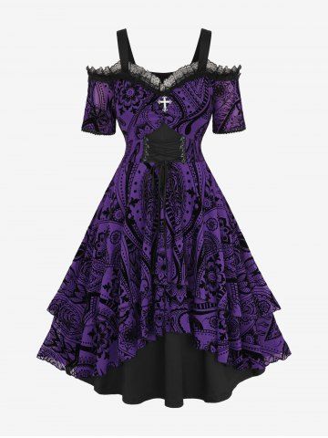 Plus Size Grommets Lace Up Ruched Cross Floral Flocking Layered Ruffles Cold Shoulder A Line Tank Dress - PURPLE - L | US 12