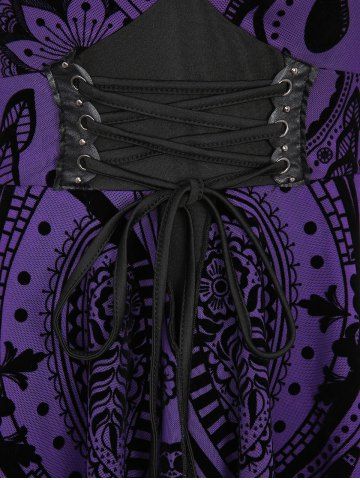 Gothic Plus Size Grommets Lace Up Ruched Cross Floral Flocking Layered Ruffles Cold Shoulder A Line Tank Dress