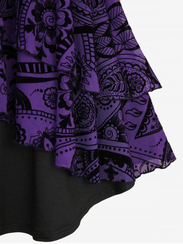 Gothic Plus Size Grommets Lace Up Ruched Cross Floral Flocking Layered Ruffles Cold Shoulder A Line Tank Dress