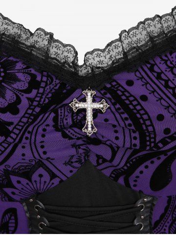 Gothic Plus Size Grommets Lace Up Ruched Cross Floral Flocking Layered Ruffles Cold Shoulder A Line Tank Dress