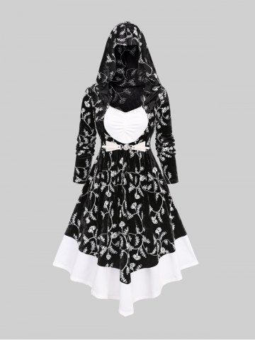 Plus Size Flowers Embroidered Colorblock Lace Trim Ruched Buckle Asymmetrical Velvet Hooded Dress - BLACK - L | US 12