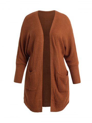 Cardigan Ouvert en Avant en Couleur Unie à Manches Chauve-souris Grande Taille - COFFEE - 3XL | US 18