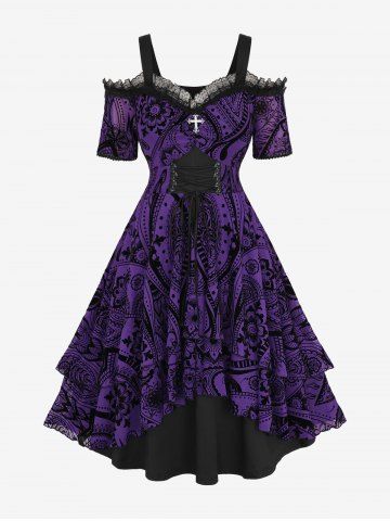 Gothic Plus Size Grommets Lace Up Ruched Cross Floral Flocking Layered Ruffles Cold Shoulder A Line Tank Dress - PURPLE - M | US 10