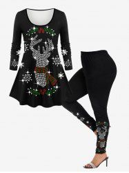 Glitter Sparkling Christmas Elk Snowflake Printed Long Sleeves T-shirt and Skinny Leggings Plus Size Matching Set -  