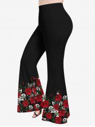 Plus Size Rose Flowers Leaf Print Flare Pants -  