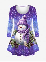 Plus Size Christmas Snowman Snowflake Galaxy Star Glitter Sparkling Sequin 3D Print T-shirt - Pourpre  3X