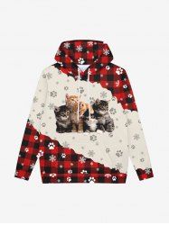 Gothic Christmas Cat Claw Snowflake Plaid Checkered Colorblock Print Fleece Lining Drawstring Hoodie For Men -  