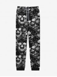 Pantalon de Survêtement avec Cordon de Serrage à Imprimé Crânes et Fleurs Style Gothique pour Hommes - Noir XS
