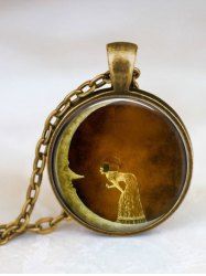 Collier Vintage Pendant Fille Lune avec Fausse Gemme - d'or 