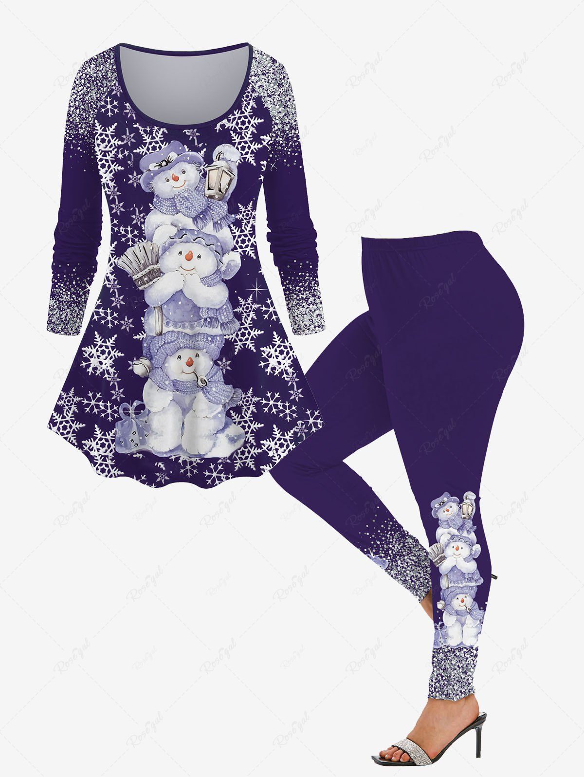 Fashion Christmas Snowman Snowflake Sparkling Sequin Glitter 3D Printed T-shirt and Leggings Plus Size Matching Set  