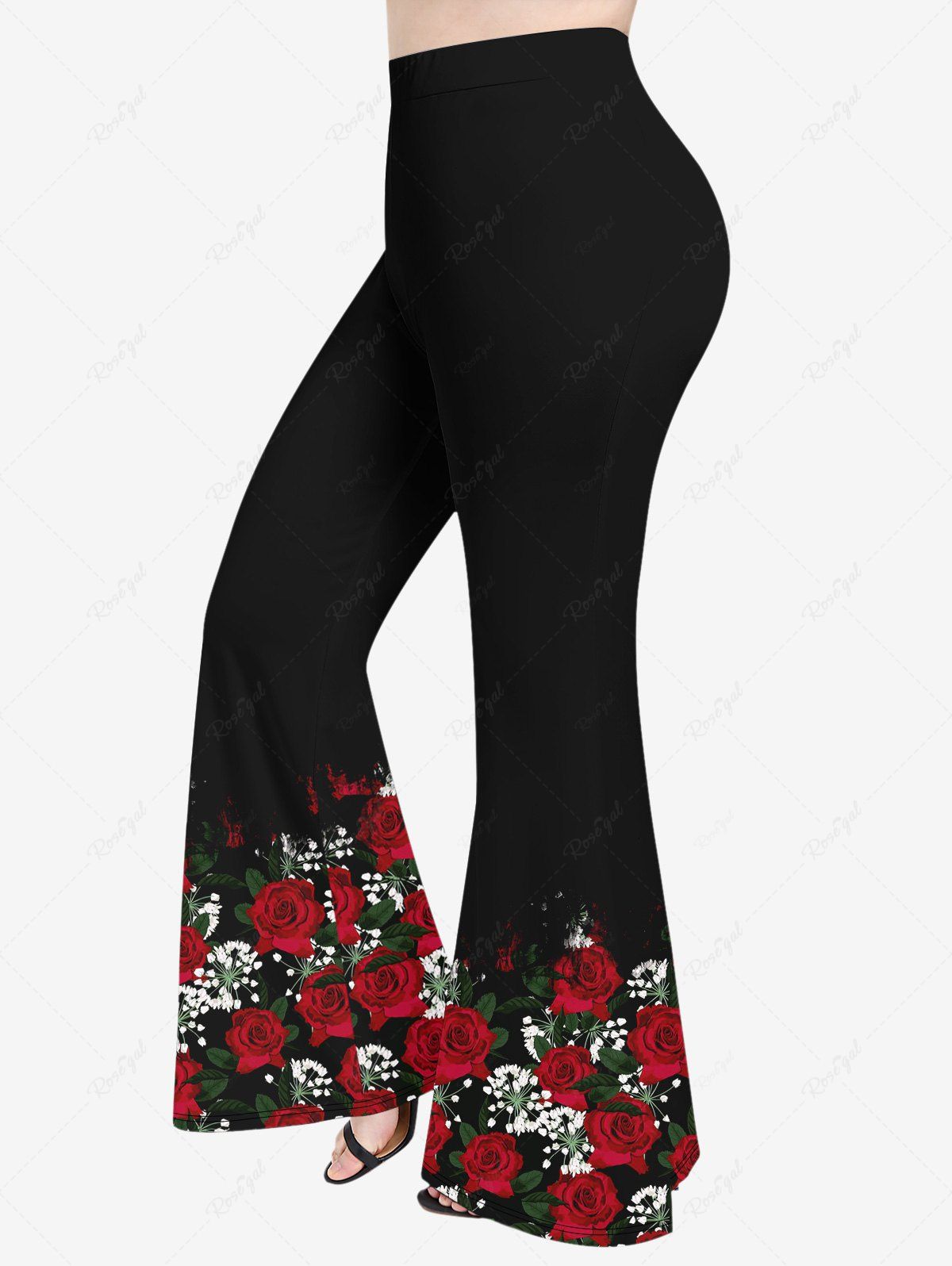 Cheap Plus Size Rose Flowers Leaf Print Flare Pants  