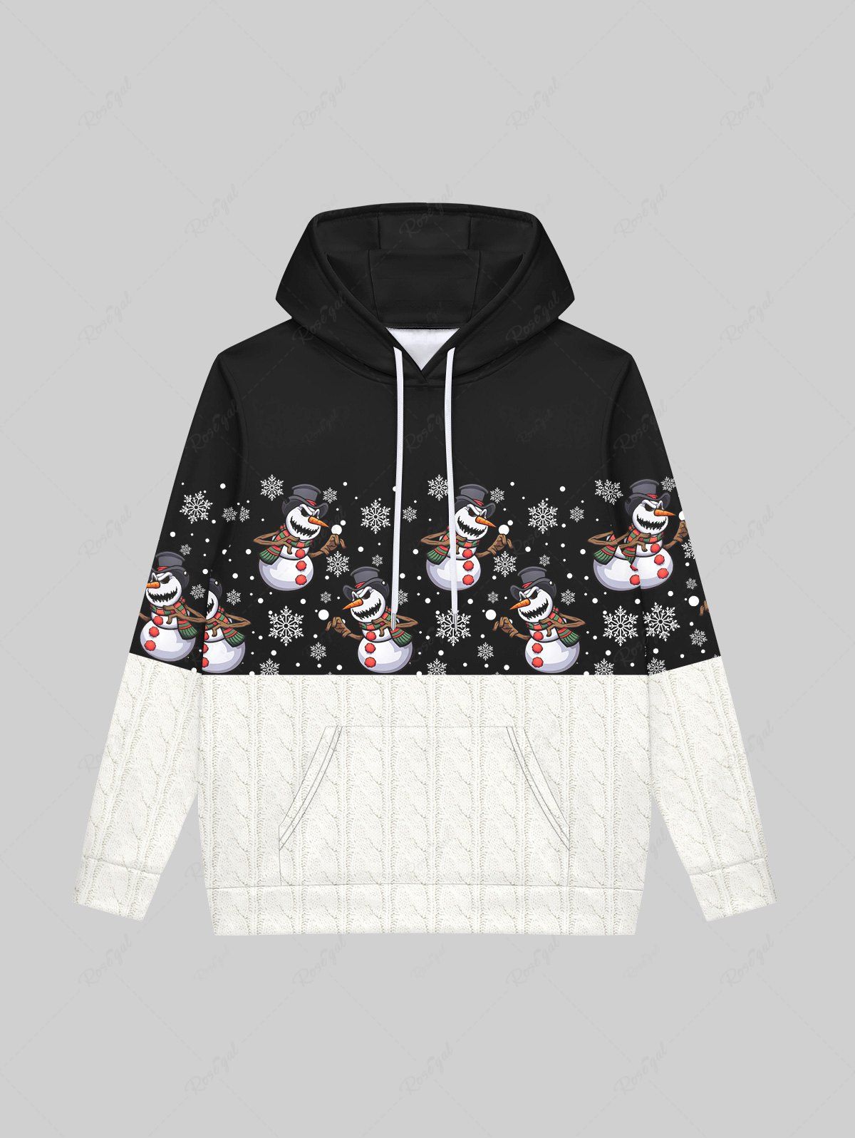 New Gothic Christmas Colorblock Snowman Sowflake Cable Knit 3D Print Pockets Drawstring Hoodie For Men  