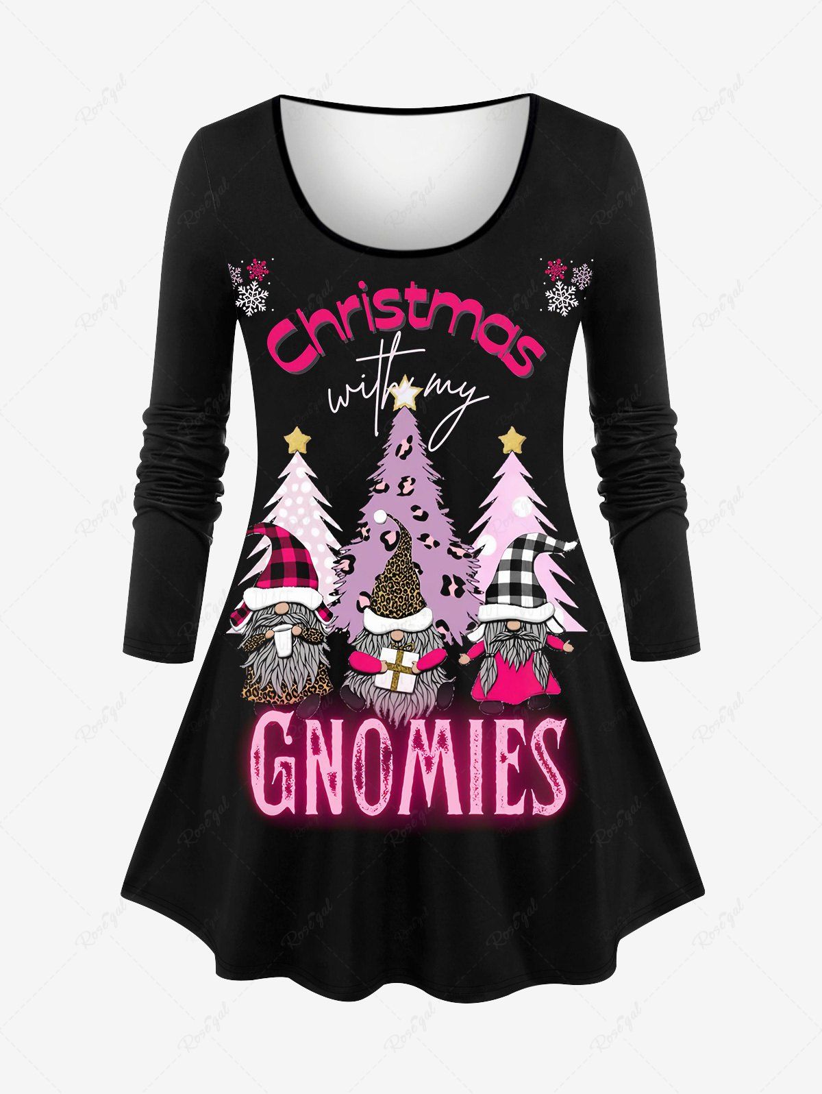 Outfits Plus Size Plaid Christmas Hat Tree Santa Claus Snowflake Letters Stars Print Long Sleeves T-shirt  