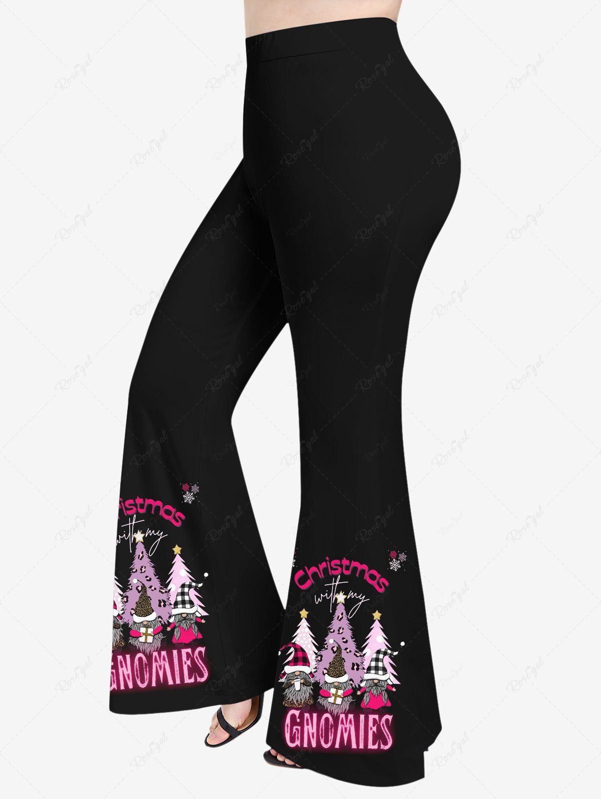 Chic Plus Size Plaid Leopard Christmas Hat Tree Santa Claus Snowflake Letters Stars Print Pull On Flare Pants  