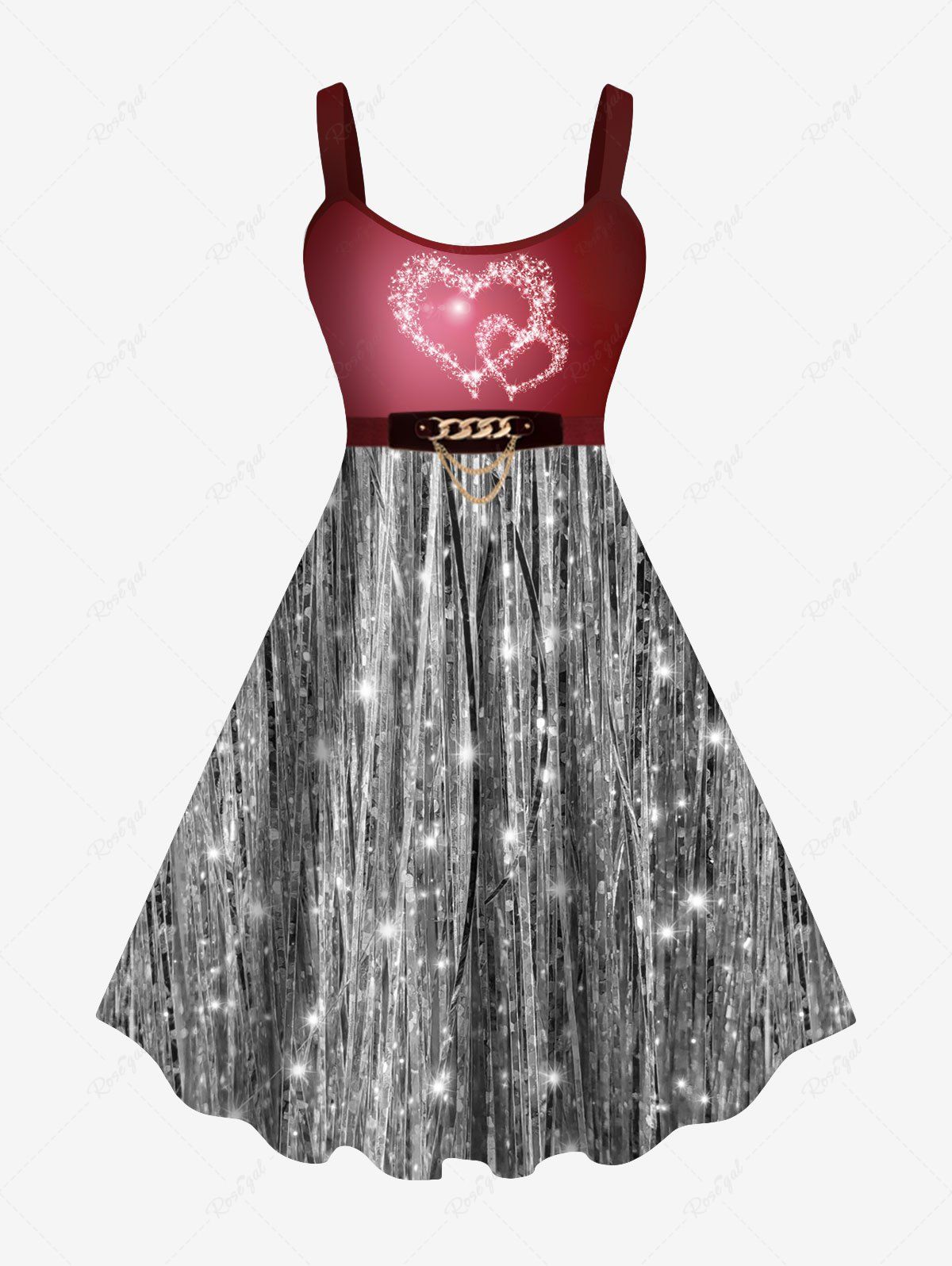 Chic Plus Size Heart Glitter Sparkling Sequin Chains Belt 3D Print Tank Party Dress  