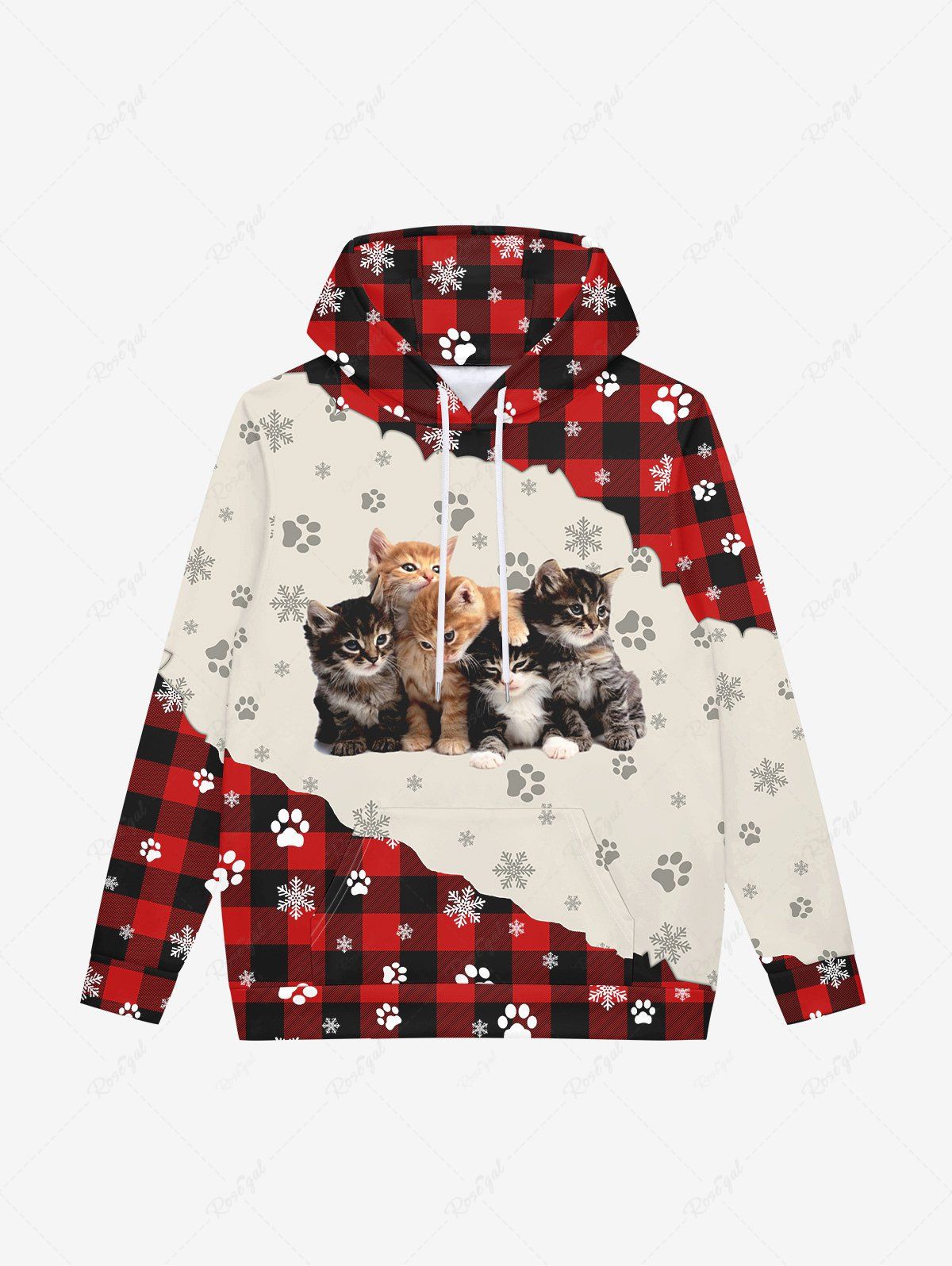 Fancy Gothic Christmas Cat Claw Snowflake Plaid Checkered Colorblock Print Fleece Lining Drawstring Hoodie For Men  