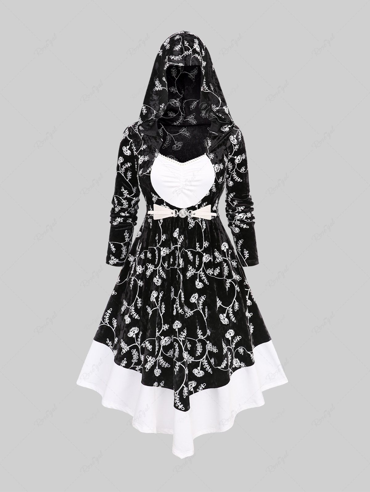 Cheap Plus Size Flowers Embroidered Colorblock Lace Trim Ruched Buckle Asymmetrical Velvet Hooded Dress  