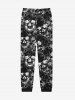Pantalon de Survêtement avec Cordon de Serrage à Imprimé Crânes et Fleurs Style Gothique pour Hommes - Noir M