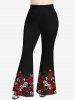 Plus Size Rose Flowers Leaf Print Flare Pants -  