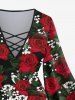 Plus Size Rose Flowers Leaf Print Lattice Crisscross Flare Sleeve T-shirt -  