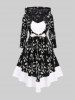 Plus Size Flowers Embroidered Colorblock Lace Trim Ruched Buckle Asymmetrical Velvet Hooded Dress -  