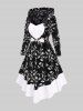 Plus Size Flowers Embroidered Colorblock Lace Trim Ruched Buckle Asymmetrical Velvet Hooded Dress -  