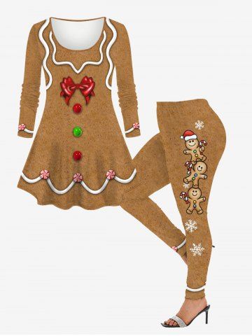 Christmas Gingerbread Man Bowknot Buttons Candy 3D Printed Long Sleeve T-shirt and Leggings Plus Size Matching Set - LIGHT COFFEE