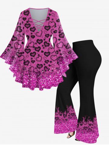 Heart Sparkling Sequin Glitter 3D Printed Flare Sleeve Top and Flare Disco Pants Plus Size 70s 80s Outfit Valentine's Day
