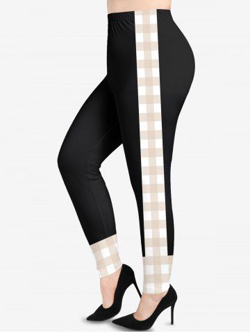 Plus Size Plaid Checkered Colorblock Print Leggings - BLACK - L
