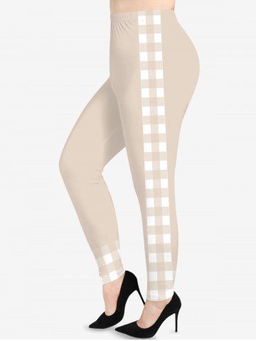 Plus Size Plaid Checkered Colorblock Print Leggings - LIGHT COFFEE - 3X