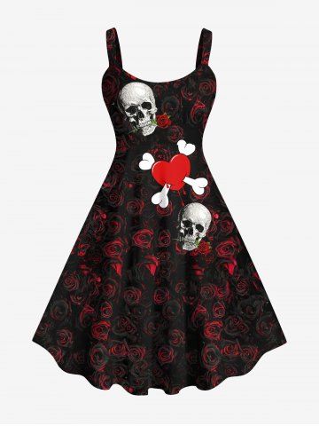 Plus Size Skulls Rose Flowers Heart Skeleton Print Tank Dress - DEEP RED - M