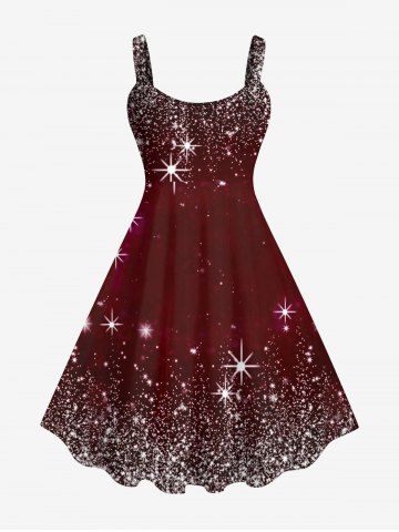Plus Size Christmas Star Glitter Sparkling Sequin 3D Print Tank Party Dress - DEEP RED - XS