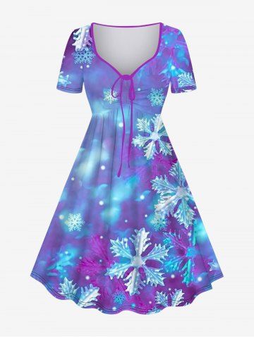 Plus Size Snowflake Tie Dye Ombre Print Cinched Christmas A Line Dress - PURPLE - S