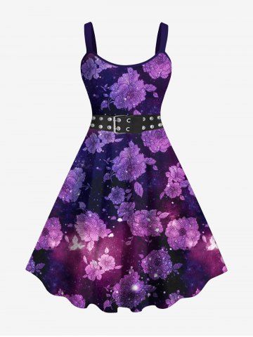 Plus Size Flowers Leaf Galaxy Glitter Sparkling Sequin Grommets Buckle Belt 3D Print Tank Party Dress - PURPLE - S